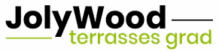 Logo JolyWood terrasses grad en noir et vert pomme avec lignes horizontales épurées.